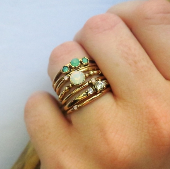 Opal Ring Stack 6pc 18k Gold Stackable Rings - Picture 7 of 10